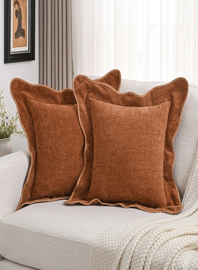 FUTEI Soft Cozy Rust Chenille Decorative Throw Pillow Covers 18x18 Inch Set of 2,Double Stitch Scalloped Bordered Cushion Case,Modern Home Decor for Couch Bed Living Room - Image 1