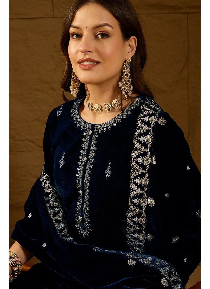 ZERESOUQ Blue Velvet Solid Embroidered Straight 3-Piece Suit Set