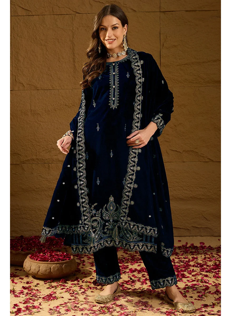 ZERESOUQ Blue Velvet Solid Embroidered Straight 3-Piece Suit Set