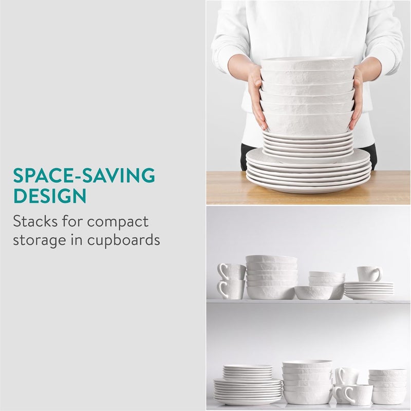 Navaris Linen Artisan Stoneware Dinnerware Set 18 Pieces  White Dinnerware with Dinner Plates Side Plates and Pasta Bowls  Dishwasher and Microwave Safe - Image 5