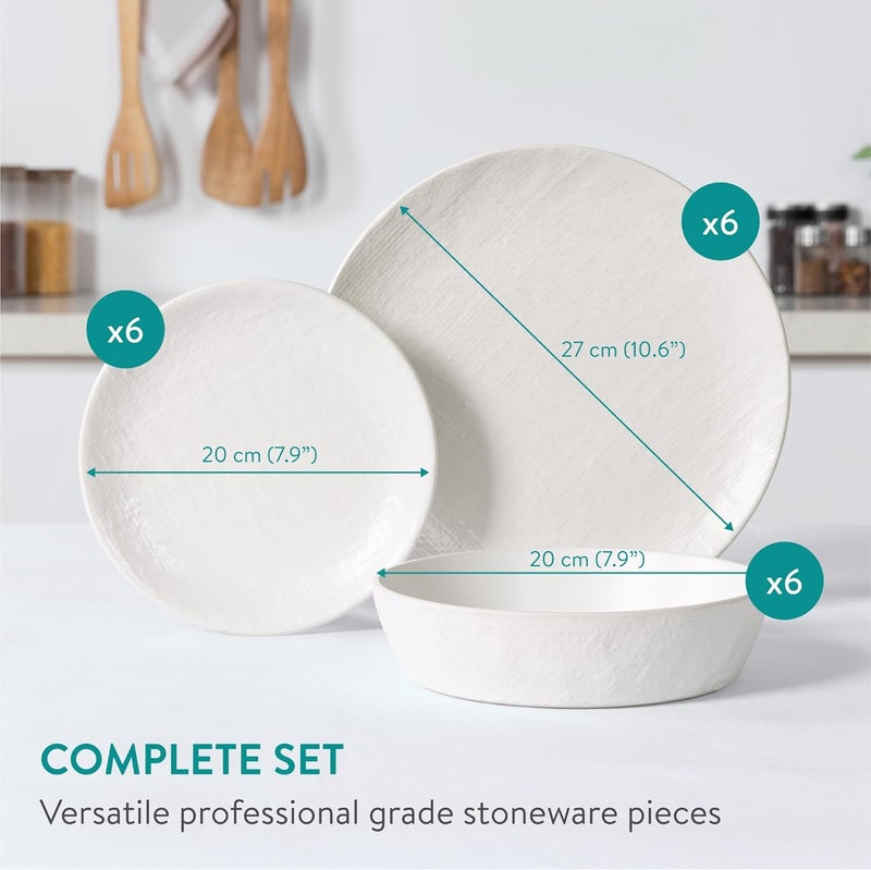 Navaris Linen Artisan Stoneware Dinnerware Set 18 Pieces  White Dinnerware with Dinner Plates Side Plates and Pasta Bowls  Dishwasher and Microwave Safe - Image 4