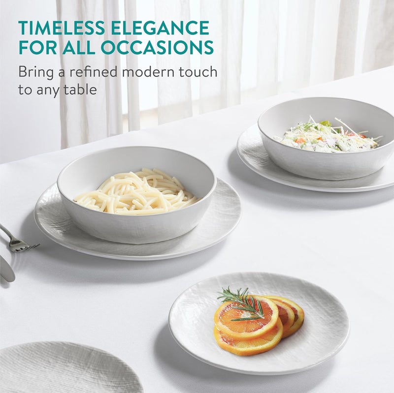 Navaris Linen Artisan Stoneware Dinnerware Set 18 Pieces  White Dinnerware with Dinner Plates Side Plates and Pasta Bowls  Dishwasher and Microwave Safe - Image 2