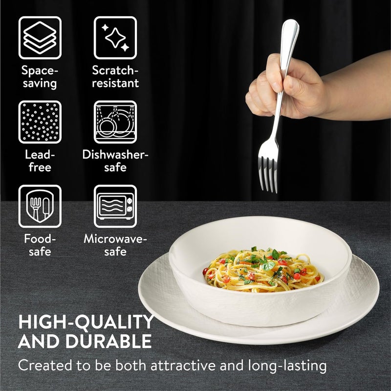 Navaris Linen Artisan Stoneware Dinnerware Set 18 Pieces  White Dinnerware with Dinner Plates Side Plates and Pasta Bowls  Dishwasher and Microwave Safe - Image 3