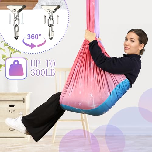 SUCHDECO Sensory Swing, Indoor & Outdoor Sensory Swing for Kids & Adults, Double Layer Therapy Cuddle Swing for Kid with Autism, Holds up to 300lbs, Pink - Image 5