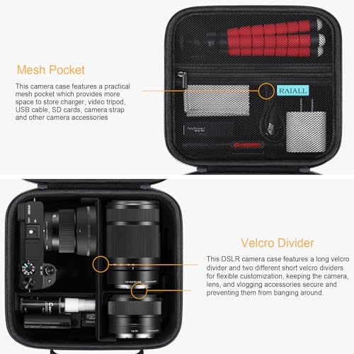 RAIALL Camera Case for Sony Alpha ZV-E10/a6000/a6100/a6400/a6600/a6700/ Sony Alpha 7 II IV/ZV-E10 II Mirrorless Digital Camera and Lens, Hard Travel Bag with a Shoulder Strap and 3 Dividers, Black - Image 4