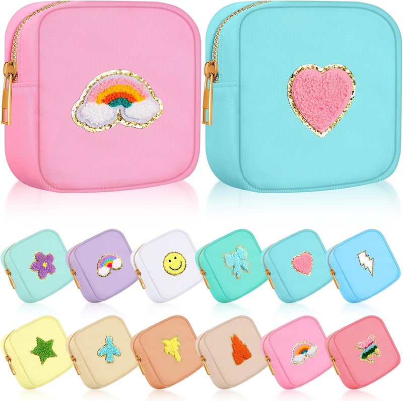 Sumind 12 Pcs Preppy Patch Cute Makeup Bag Travel Cosmetic Toiletry Chenille Skincare Bag Portable Nylon Organizer Storage Purse Small Zipper Makeup Pouch Daily Use Storage Purse for Women Girls Gift