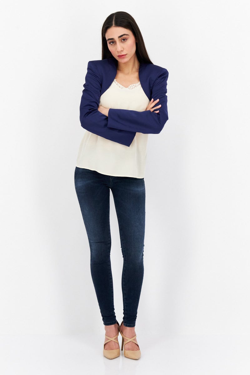 Weworewhat Women Regular Fit Plain Blazer, Navy Blue - Image 3