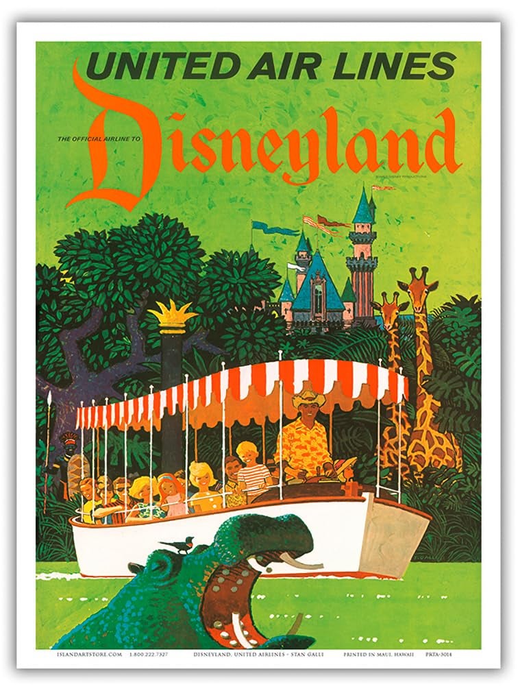 Pacifica Island Art California - Jungle Cruise Hippo - United Air Lines - Vintage Airline Travel Poster by Stan Galli c.1960s - Master Art Print (Unframed) 9in x 12in - Image 1