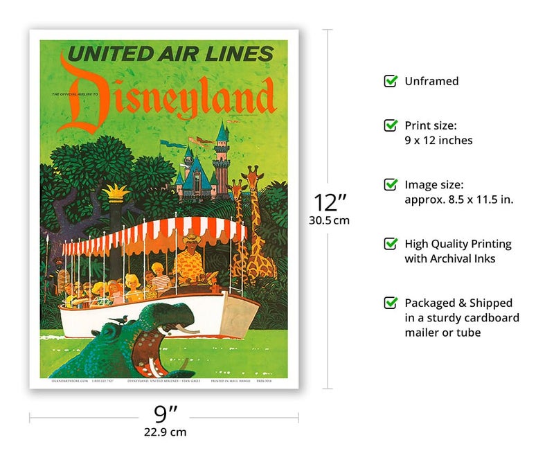 Pacifica Island Art California - Jungle Cruise Hippo - United Air Lines - Vintage Airline Travel Poster by Stan Galli c.1960s - Master Art Print (Unframed) 9in x 12in - Image 2
