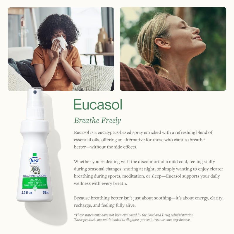 SwissJust Eucasol Spray 75ml. Enriched With Eucalyptus Essential Oil. Alternative Room, Pillow Or Fabric Spray. Eucalyptus Spray by Swiss Just - Image 2