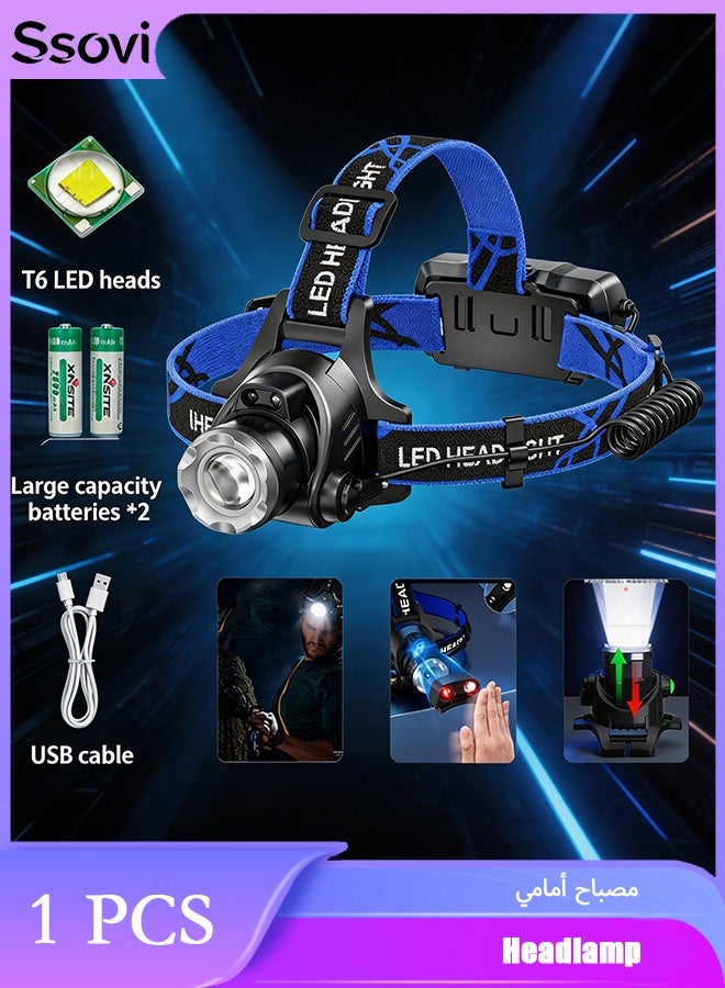 Ssovi Ultra-Bright LED Headlamp with Smart Motion Sensor, Zoomable Tactical Headlight with 2x 18650 Rechargeable Batteries, 3 Modes & 90° Adjustable Waterproof Head Light for Desert Camping, Fishing, Auto Mechanic Repair & Emergency - Black/Blue - Image 1