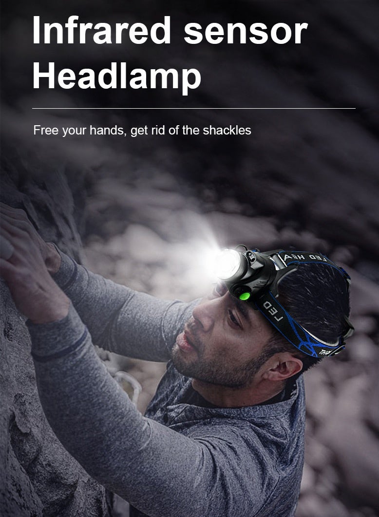 Ssovi Ultra-Bright LED Headlamp with Smart Motion Sensor, Zoomable Tactical Headlight with 2x 18650 Rechargeable Batteries, 3 Modes & 90° Adjustable Waterproof Head Light for Desert Camping, Fishing, Auto Mechanic Repair & Emergency - Black/Blue - Image 3