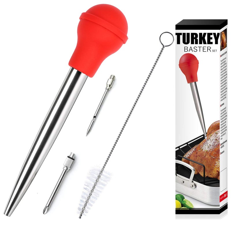 KAYCROWN Stainless Steel Turkey Baster With Cleaning Brush  Food Grade Syringe Baster For Cooking  Basting With 2 Marinade Injector Needles  Ideal For Butter Dripping Roasting Juices For Poultry Red 