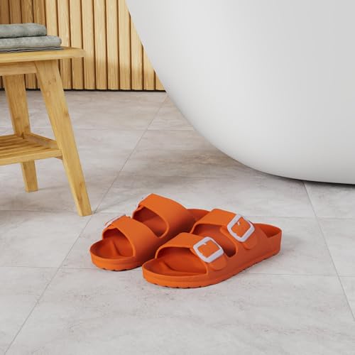 FUNKYMONKEY Women's Comfort Slides Double Buckle Adjustable EVA Flat Sandals (7 M US, Fluo Orange) - Image 2