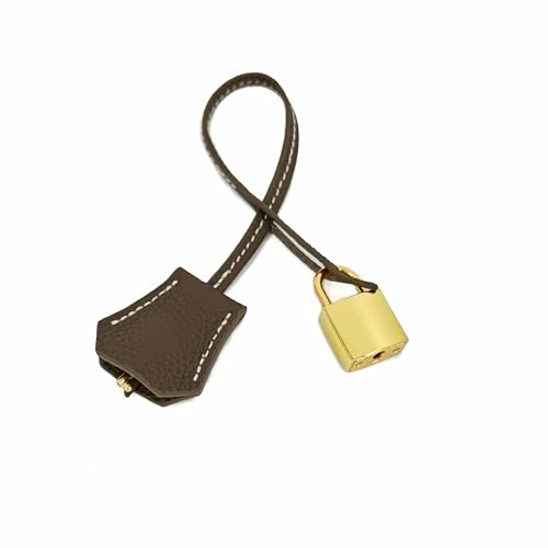 M-ioi-M Genuine Leather Key Clochette Bag Charms, Bell Shaped Key Holder Purse Pendant Ornament, Deco Keychain, Accessories Replacement for Luxury Designer Handbags (Khaki Brown w/gold padlock) - Image 1
