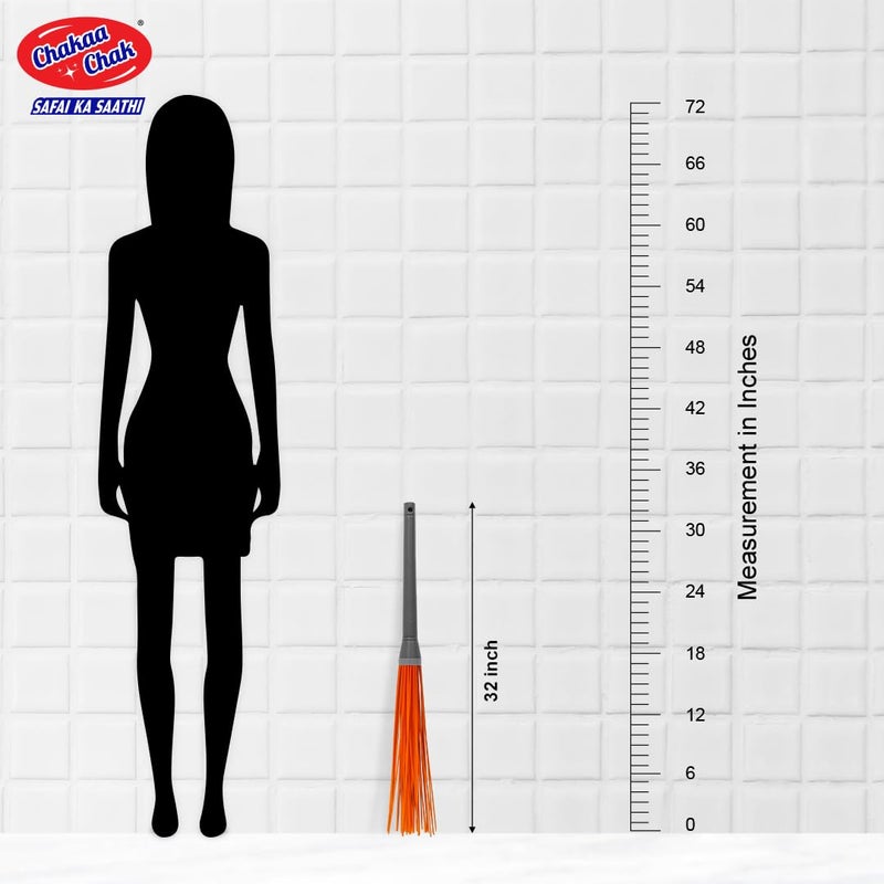 Chakaa chak ممسحة خاراتا ذات المقبض الطويل (عبوة من 2) | ممسحة هندية بلاستيكية برتقالية مع 60 عصا | فرشاة تنظيف الأرضيات المتينة والقابلة للغسل | مكنسة للاستخدام في المنزل والمطبخ والحمام والخارج | مقبض سهل الإمساك - Image 3