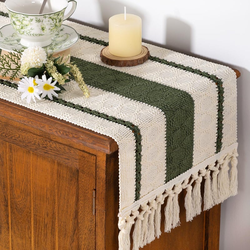 Socomi Boho Table Runner Fall Thanksgiving Farmhouse Rustic Dining Kitchen Centerpiece Decor Small Macrame Woven Cotton Linen Coffee Table Runner For Dresser Scarf Home Decor 12X60 Inch Olive Green - Image 2