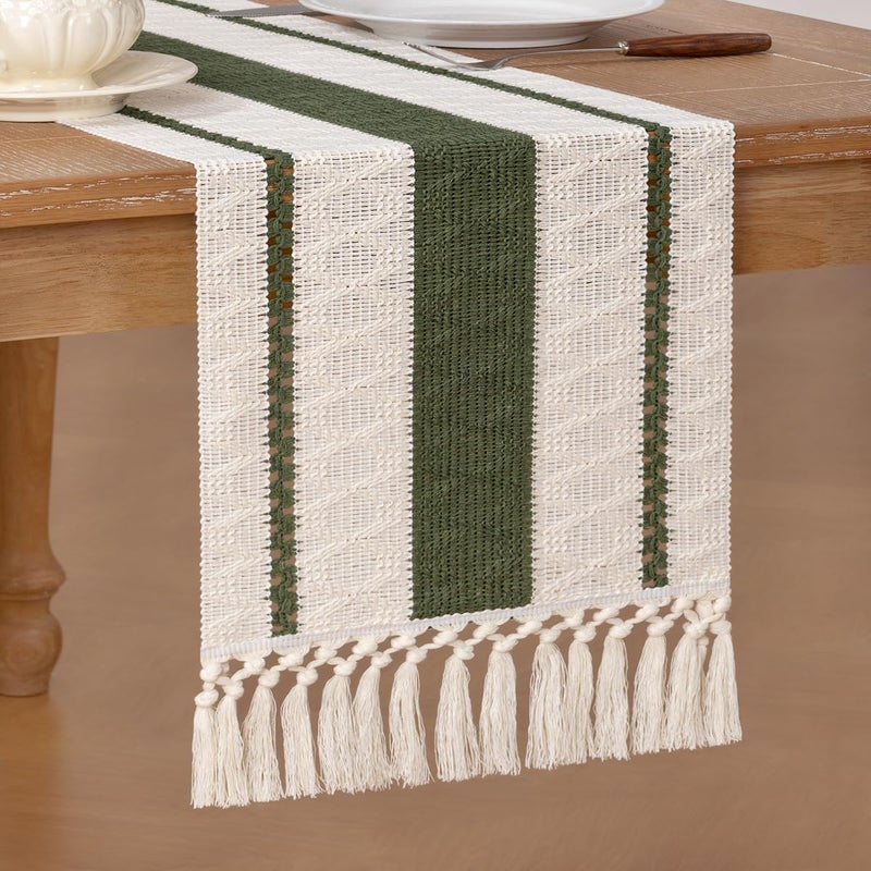Socomi Boho Table Runner Fall Thanksgiving Farmhouse Rustic Dining Kitchen Centerpiece Decor Small Macrame Woven Cotton Linen Coffee Table Runner For Dresser Scarf Home Decor 12X60 Inch Olive Green - Image 4