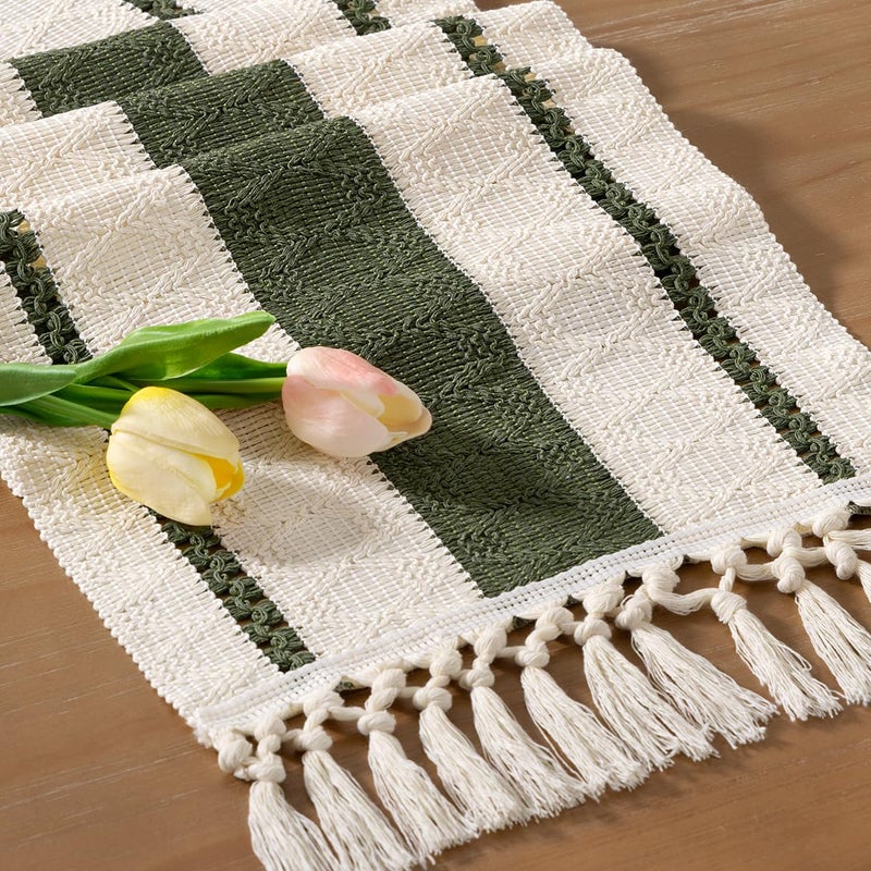 Socomi Boho Table Runner Fall Thanksgiving Farmhouse Rustic Dining Kitchen Centerpiece Decor Small Macrame Woven Cotton Linen Coffee Table Runner For Dresser Scarf Home Decor 12X60 Inch Olive Green - Image 1
