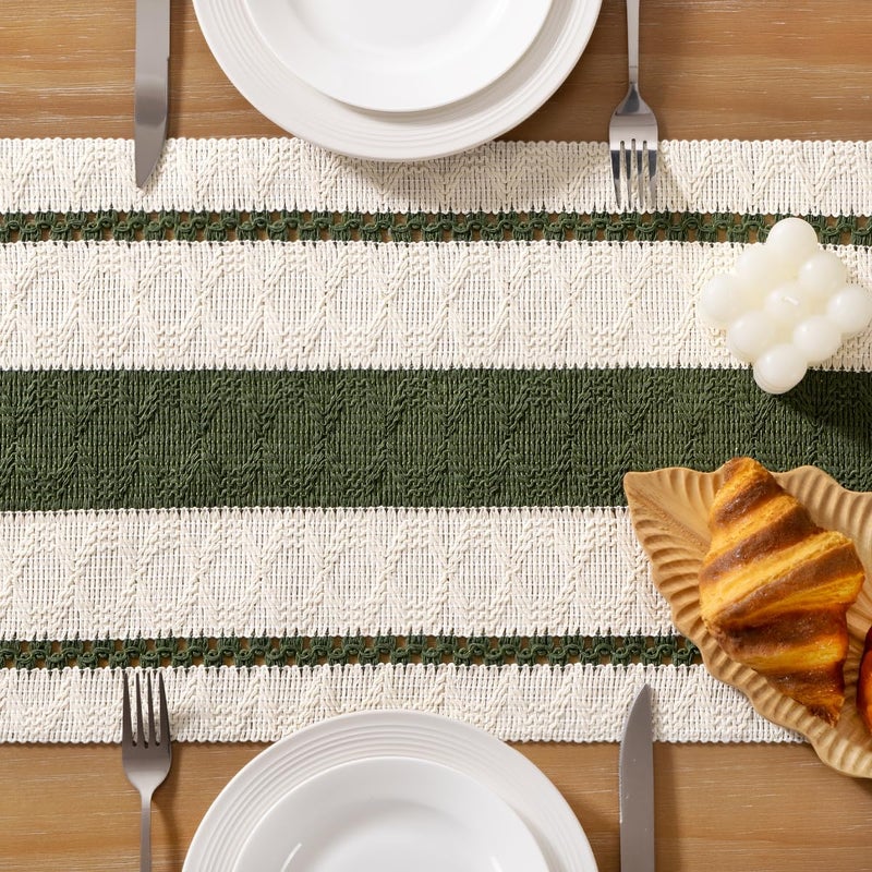 Socomi Boho Table Runner Fall Thanksgiving Farmhouse Rustic Dining Kitchen Centerpiece Decor Small Macrame Woven Cotton Linen Coffee Table Runner For Dresser Scarf Home Decor 12X60 Inch Olive Green - Image 5