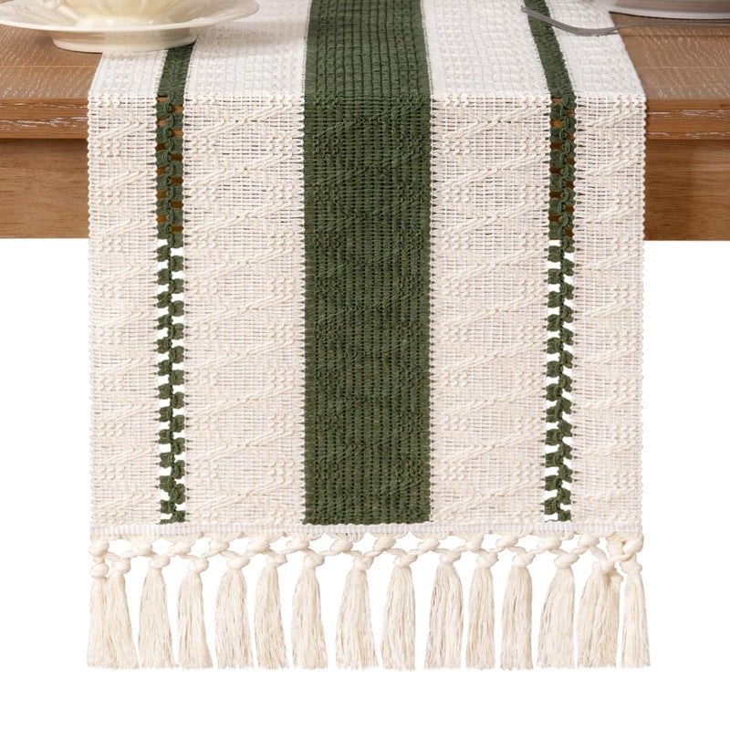 Socomi Boho Table Runner Fall Thanksgiving Farmhouse Rustic Dining Kitchen Centerpiece Decor Small Macrame Woven Cotton Linen Coffee Table Runner For Dresser Scarf Home Decor 12X60 Inch Olive Green - Image 3