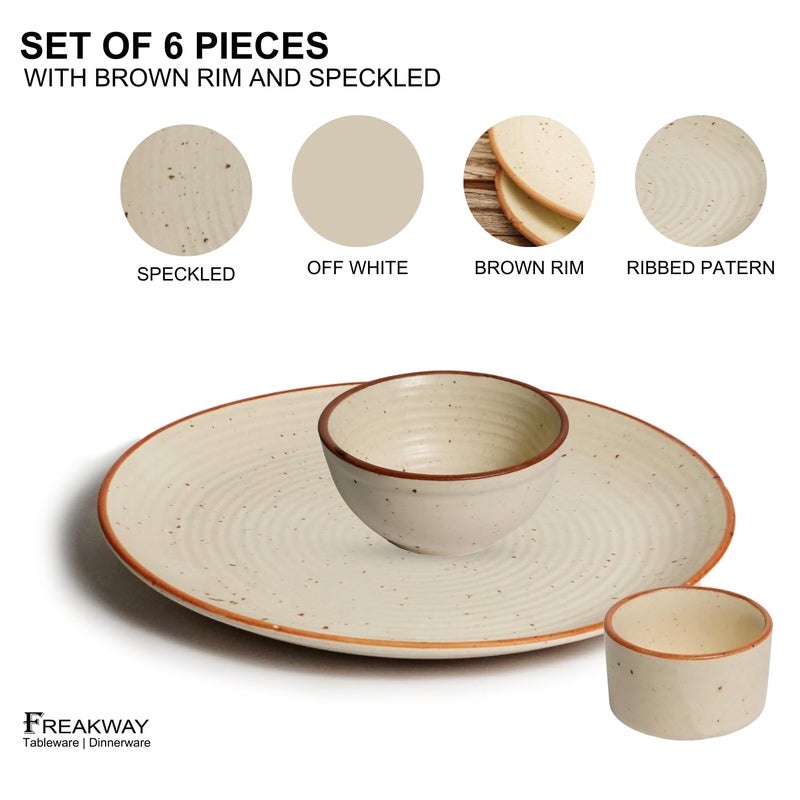 Freakway Hand-Painted Ceramic Dinner Set of 6 Pcs | 2 Stoneware Dinner Plates (10 Inch), 2 Dip Bowl(2.4 Inch & 2 Serving Bowls (180 Ml) | Microwave & Dishwasher Safe - Off White - Image 4