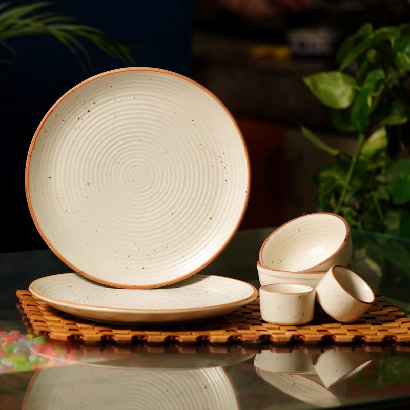 Freakway Hand-Painted Ceramic Dinner Set of 6 Pcs | 2 Stoneware Dinner Plates (10 Inch), 2 Dip Bowl(2.4 Inch & 2 Serving Bowls (180 Ml) | Microwave & Dishwasher Safe - Off White - Image 1