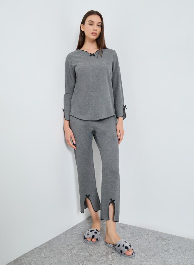 Take Two Bow Detail V Neck Knit T-Shirt and Pyjama Set - Image 1