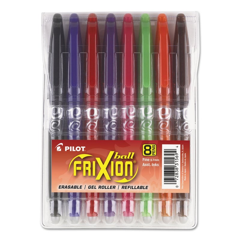 Pilot, FriXion Ball Erasable & Refillable Gel Ink Pens, Fine Point 0.7 mm, Pack of 8, Assorted Colors - Image 1