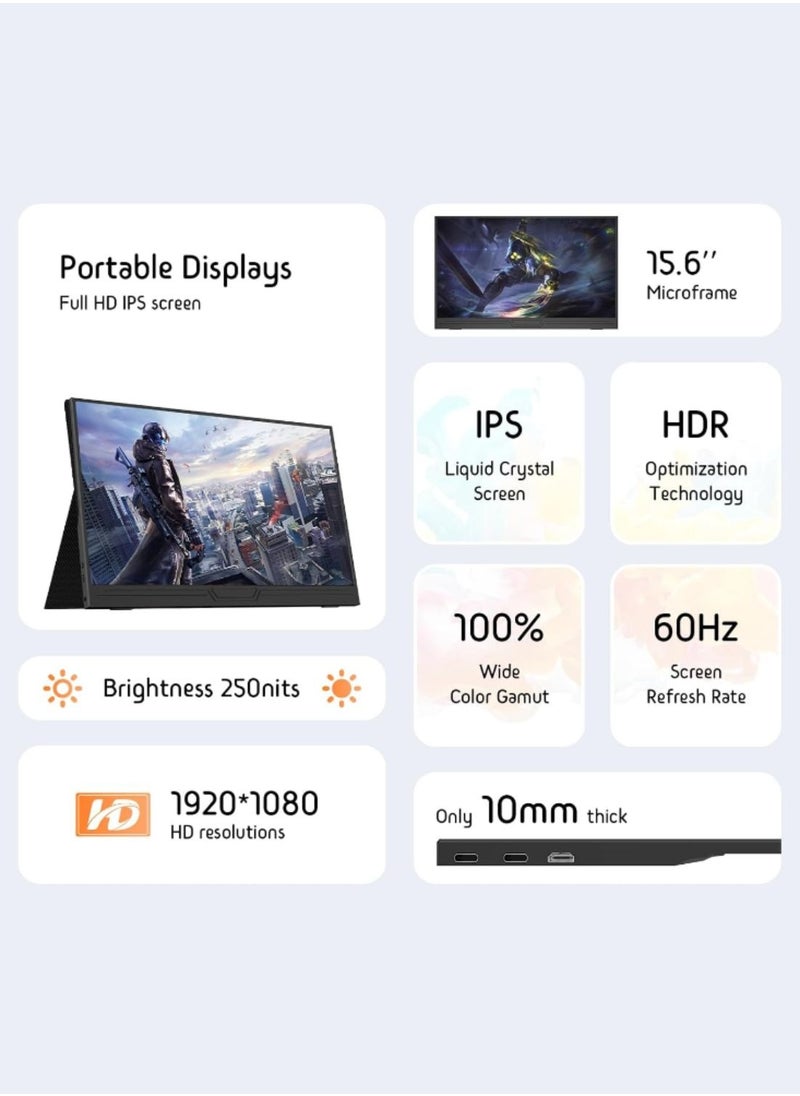 HILUKE - Portable Monitor, 15.6in 1080P FHD Laptop Monitor USB-C HDMI External Computer Display HDR IPS Gaming Monitor w/Smart Cover & Speaker, 2nd Screen for PC Mac Phone Switch PS5 - Image 1