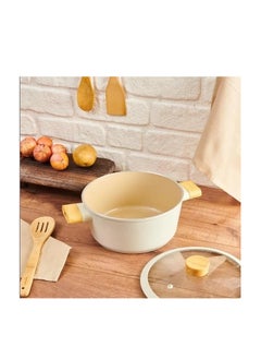 Homemaker Swiss Crystal High Quality Ceramic Coating Non-Stick Casserole - 22cm- Glass Lid With Protective Silicon Edge - Natural Wood Handles and Knob - Beige  - Image 3