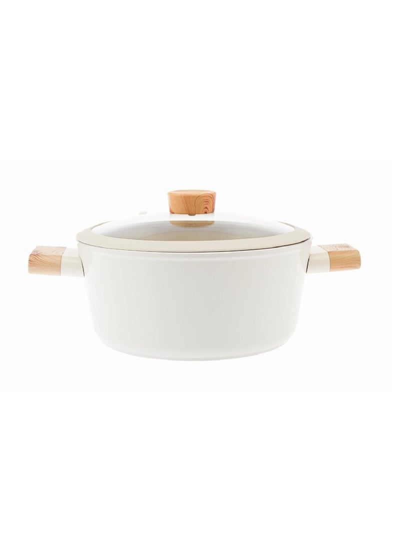Homemaker Swiss Crystal High Quality Ceramic Coating Non-Stick Casserole - 22cm- Glass Lid With Protective Silicon Edge - Natural Wood Handles and Knob - Beige  - Image 1