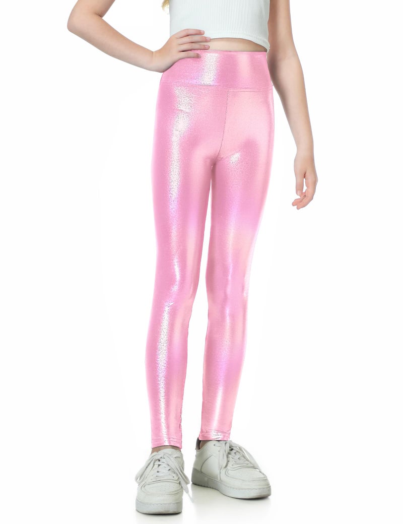 Gnainach Girls Shiny Metallic Leggings Size 4t 5t Holographic Pink Stretch Soft Yoga Pants for Toddler Gift Riding - Image 1