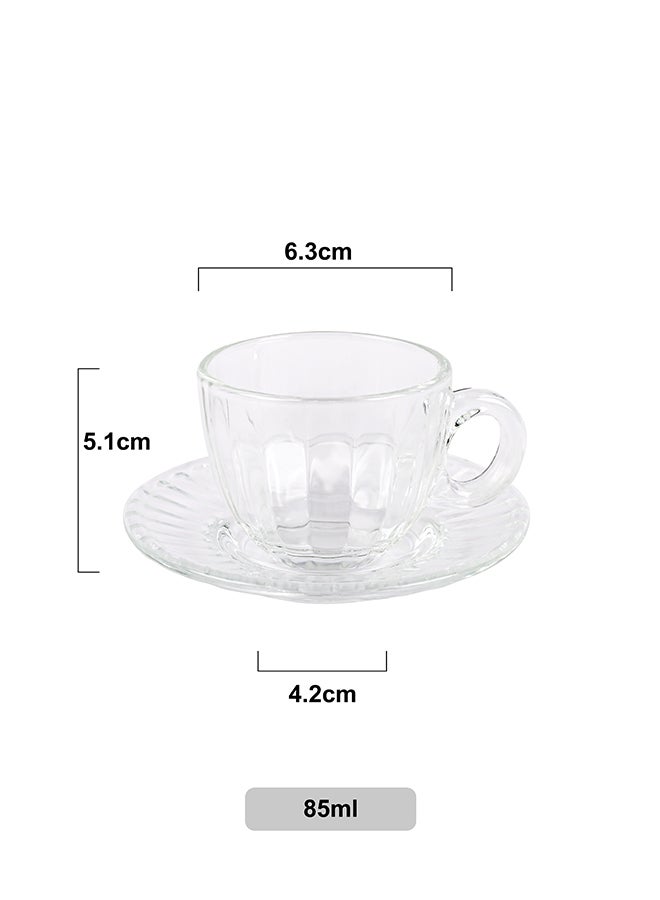 Ollieroo طقم أكواب وصحون شاي مكون من 6 قطع، أكواب قهوة زجاجية، أكواب شاي للإسبريسو، كابتشينو لاتيه شاي، تصميم كلاسيكي شفاف 85 مل - Image 4