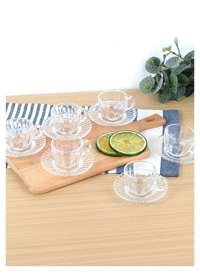 Ollieroo طقم أكواب وصحون شاي مكون من 6 قطع، أكواب قهوة زجاجية، أكواب شاي للإسبريسو، كابتشينو لاتيه شاي، تصميم كلاسيكي شفاف 85 مل - Image 1