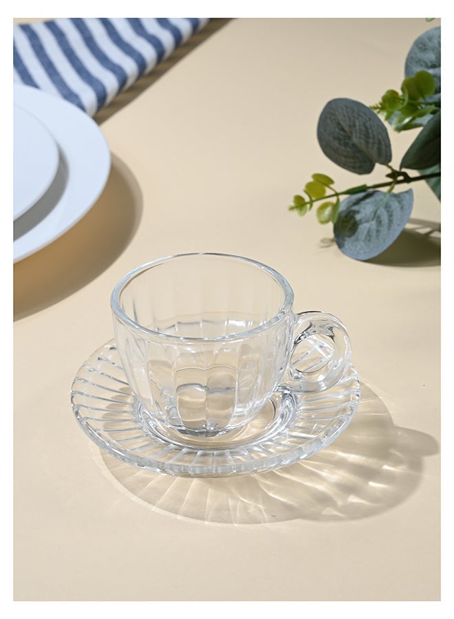 Ollieroo طقم أكواب وصحون شاي مكون من 6 قطع، أكواب قهوة زجاجية، أكواب شاي للإسبريسو، كابتشينو لاتيه شاي، تصميم كلاسيكي شفاف 85 مل - Image 2