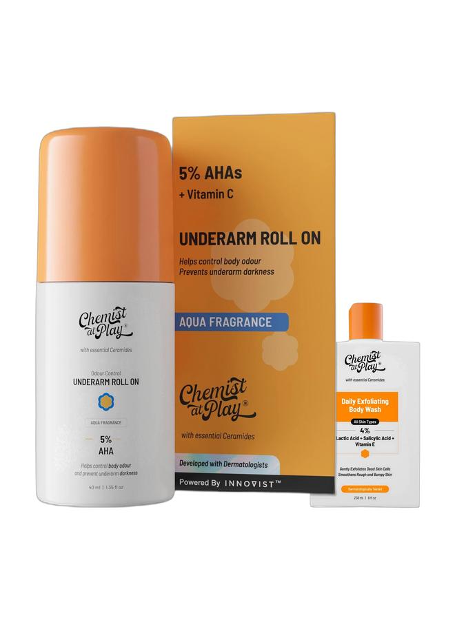 Chemist at Play UnderArm Roll On (Lactic & Mandelic Acid) 40ml & Exfoliating Body Wash (4% AHA/BHA) 236ml Bundle - Image 1