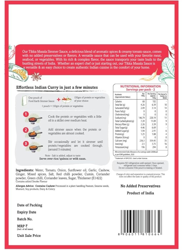 Food Earth Tikka Masala Simmer Sauce – Authentic Indian Curry Base with Creamy Tomato & Spices – No Added Preservatives – 300g (Serves 2-3) - Image 2