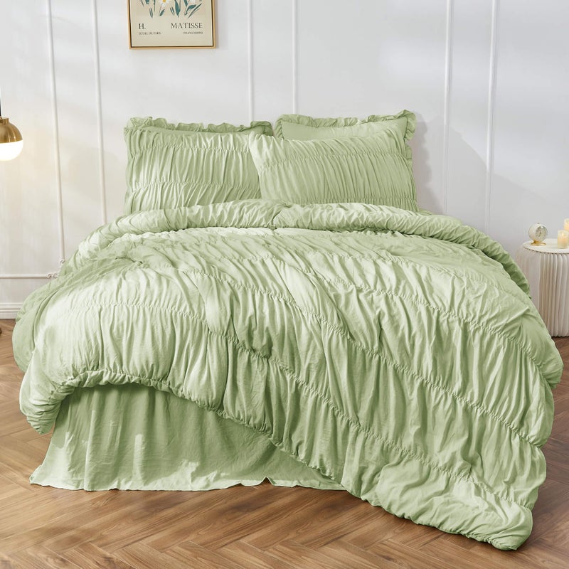 Bonlino King Size Comforter Set Bedding Ruched Sage Green Comforter King Bed Set Boho Shabby Chic Bedding for Bedroom Comforter Fluffy 3 Piece Ruffle Comforter Set Green Luxury Bedding - Image 2