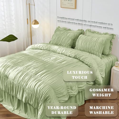 Bonlino King Size Comforter Set Bedding Ruched Sage Green Comforter King Bed Set Boho Shabby Chic Bedding for Bedroom Comforter Fluffy 3 Piece Ruffle Comforter Set Green Luxury Bedding - Image 3