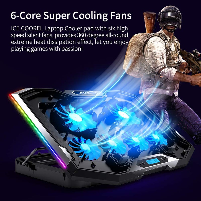 ICE COOREL Gaming Laptop Cooling Pad 15-17.3 Inch, Laptop Fan with 6 RGB Cooling Fans, Laptop Cooling Stand with 6 Height Adjustable, Laptop Cooler with LCD Screen, 2 USB Ports, Phone Stand - Image 2