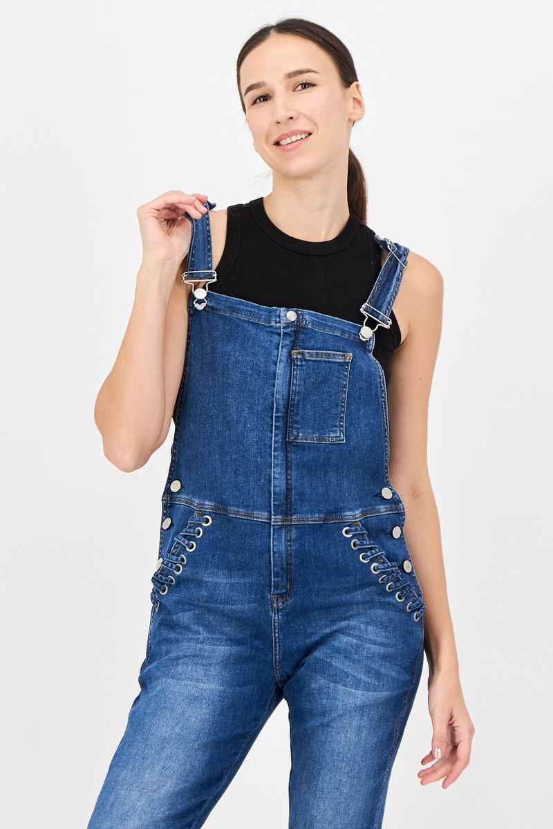 Reiko Women Washed Sleeveless Jumpsuit, Blue - Image 2