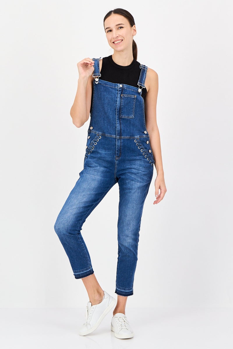 Reiko Women Washed Sleeveless Jumpsuit, Blue - Image 1