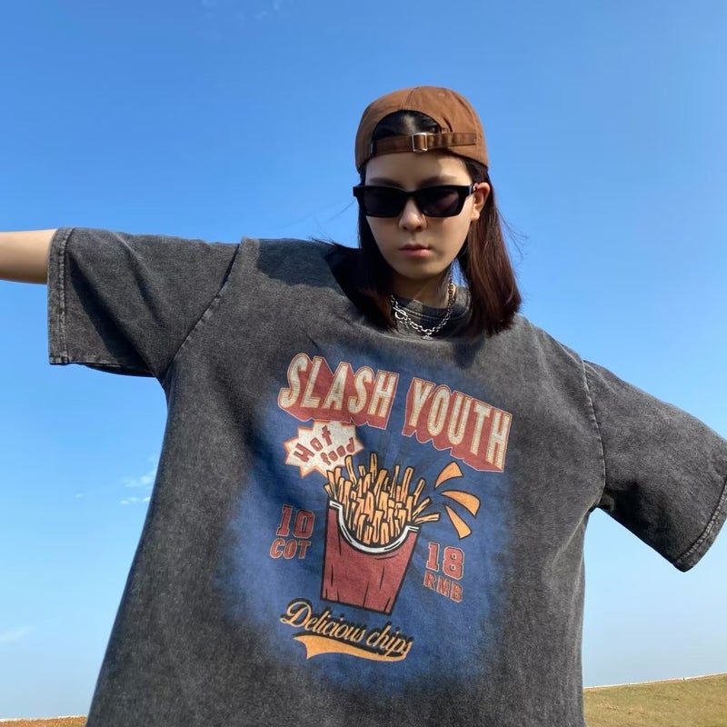 Generic Retro Washed Tees Oversized Streetwear Black