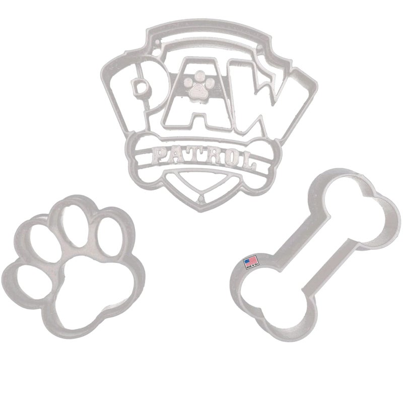 Heart's Treasure INSPIRED BY PAW PATROL COOKIE CUTTERS. Paw Patrol Childrenâ€™s Cartoon Characters Badge/Shield, Dog Bone and Puppy Paw Print 3D Printed Cookie Cutters (3 Pack) - Image 1
