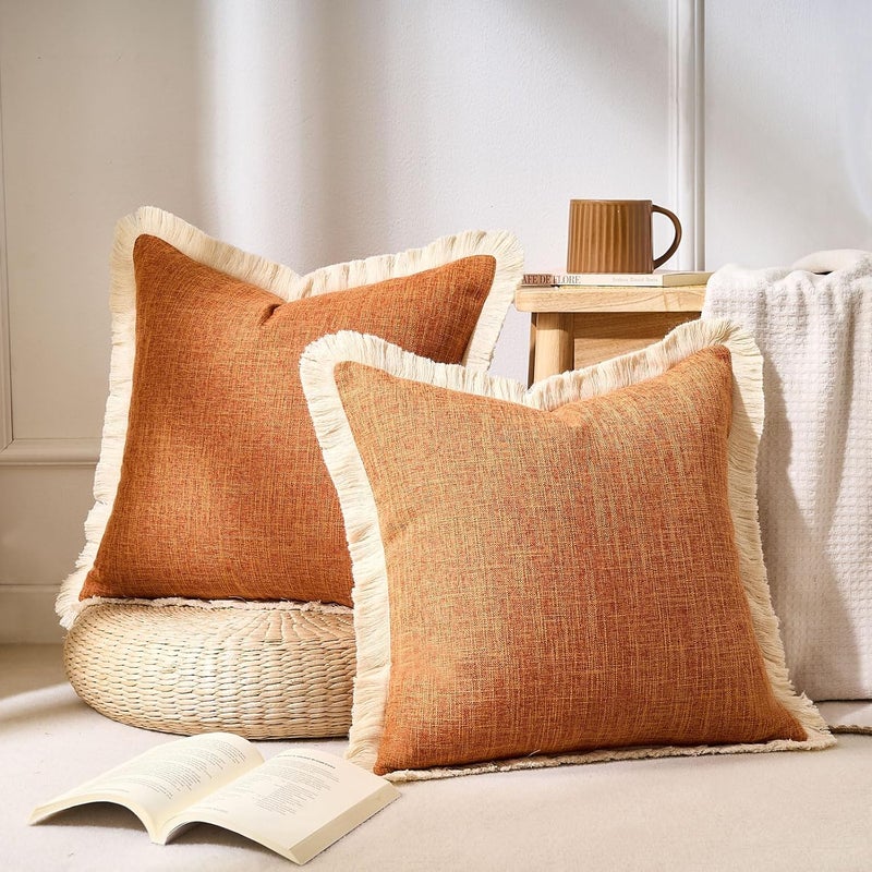 KWLET Decorative Linen Fringe Throw Pillow CoversPillow Covers 18x18 Farmhouse Pillows Boho Pillow Covers with Tassels Soft Accent Pillowcase for Couch Sofa Bed Living Room Home Decor Orange - Image 3