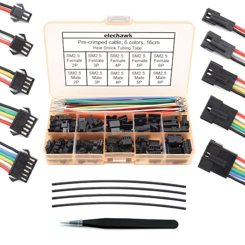 elechawk SM 2.5mm Connectors Male Female Plugs Sockets with 22AWG Pre-Crimped Silicone Cables Wire Compatible with JST SM Connectors 2.5mm 2.54mm Pitch 2 3 4 5 6 Pin Housing Kit - Image 1