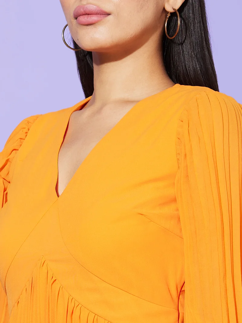 globus Women Orange Self Design V Neck Georgette A Line Dress