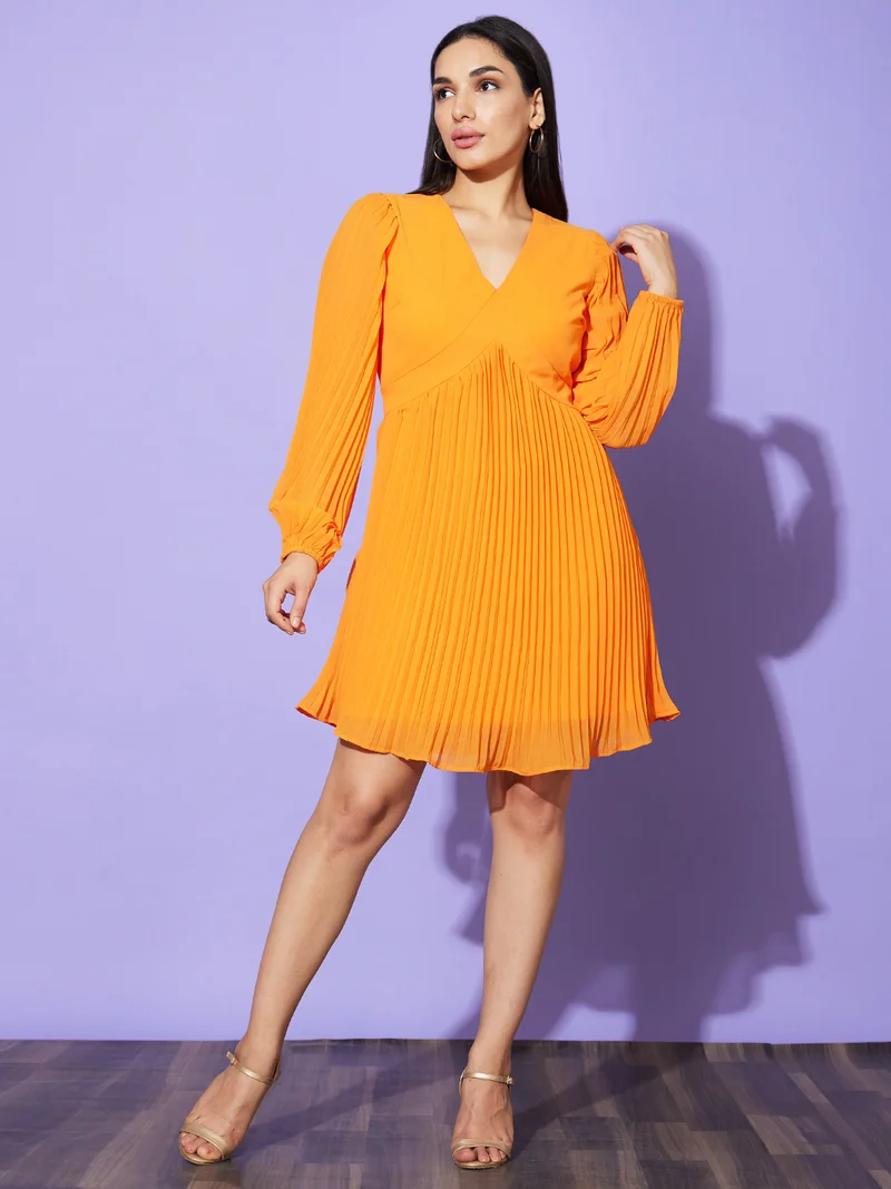 globus Women Orange Self Design V Neck Georgette A Line Dress
