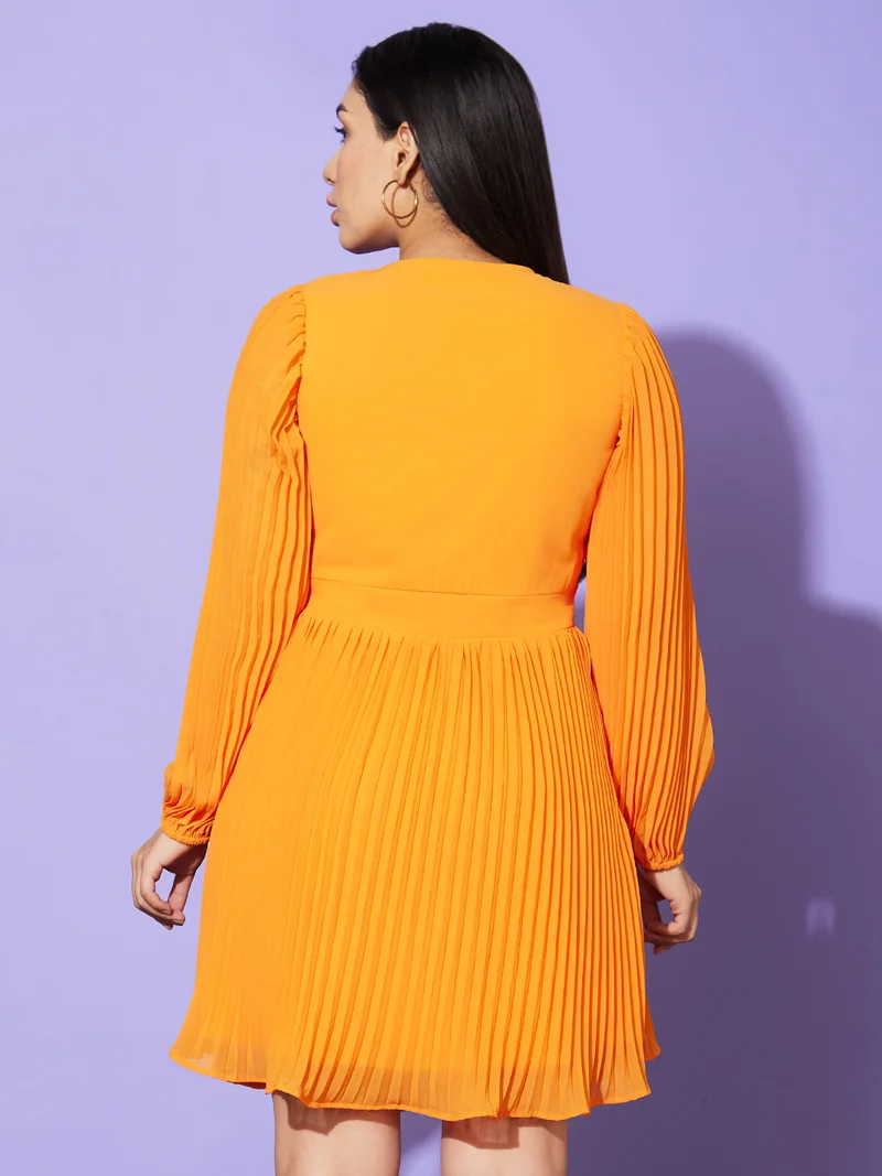 globus Women Orange Self Design V Neck Georgette A Line Dress